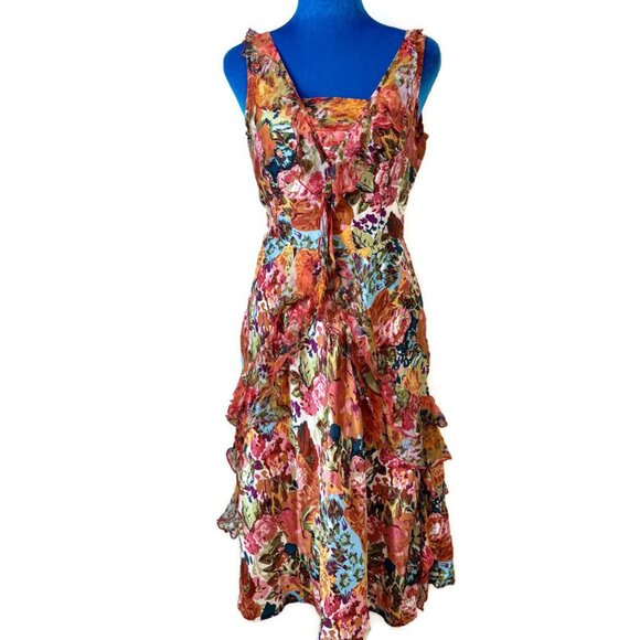 SUNDANCE Havana 100% Silk Floral Ruffled Dress V Neck Sleeveless Size 4 - Picture 1 of 16
